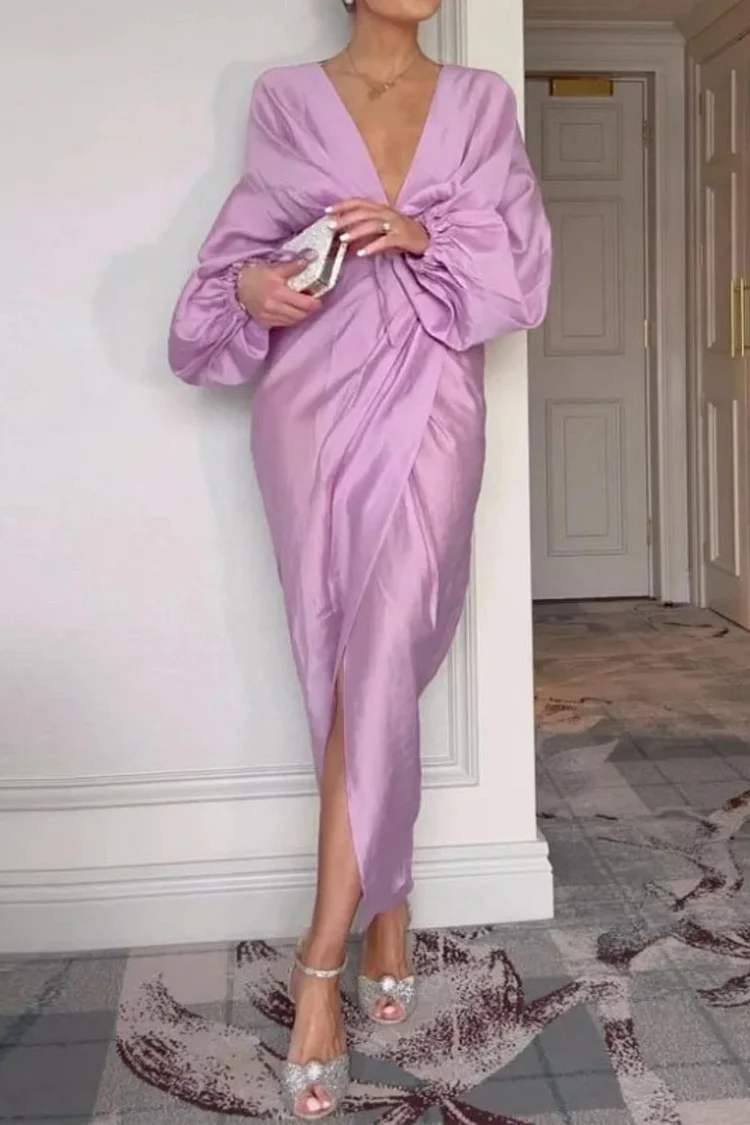 Women's Fashion Elegant Sexy Cardigan Solid Color Pleated Waist Maxi Dress