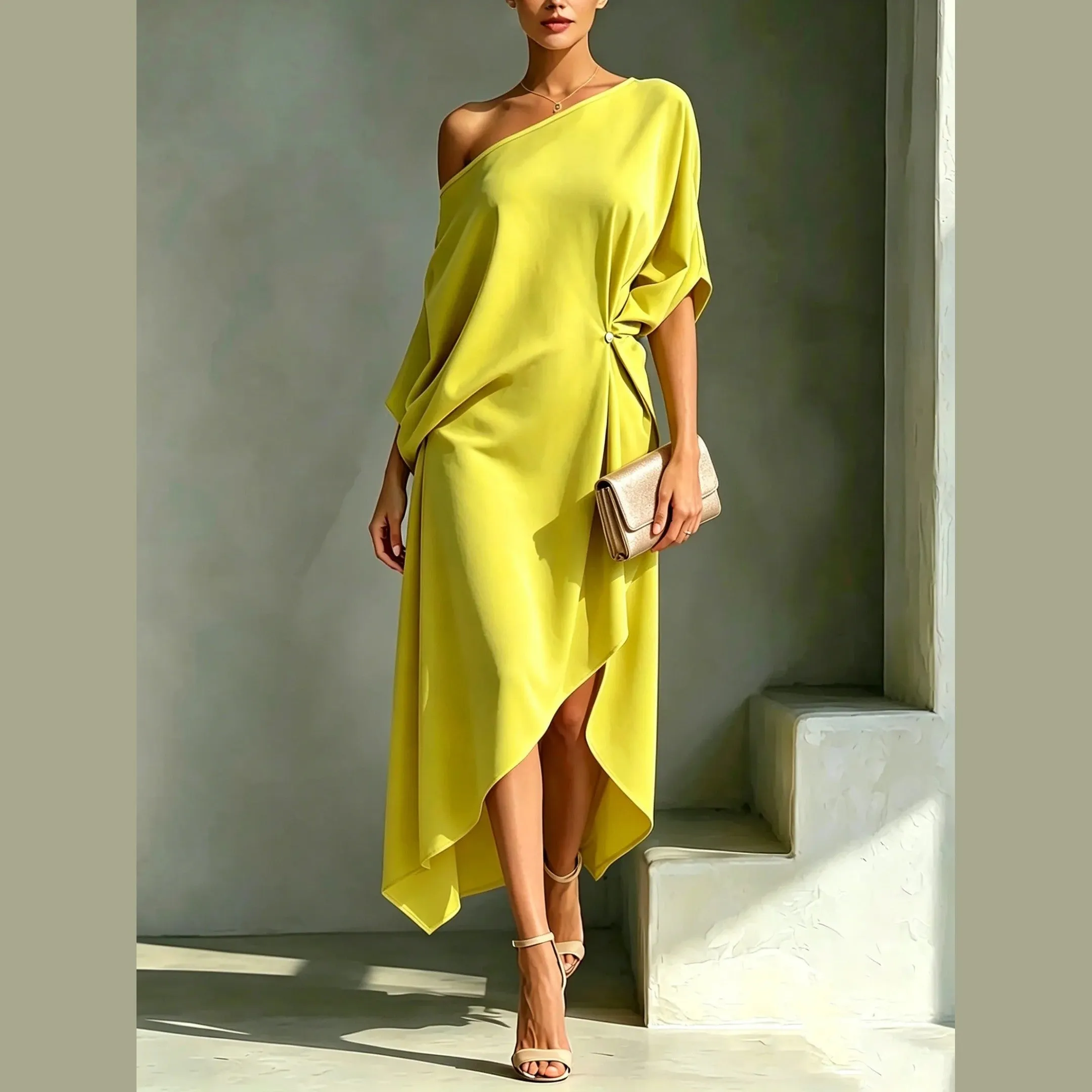 Women's Asymmetric One-Shoulder Midi Dress &ndash; Elegant Occasionwear