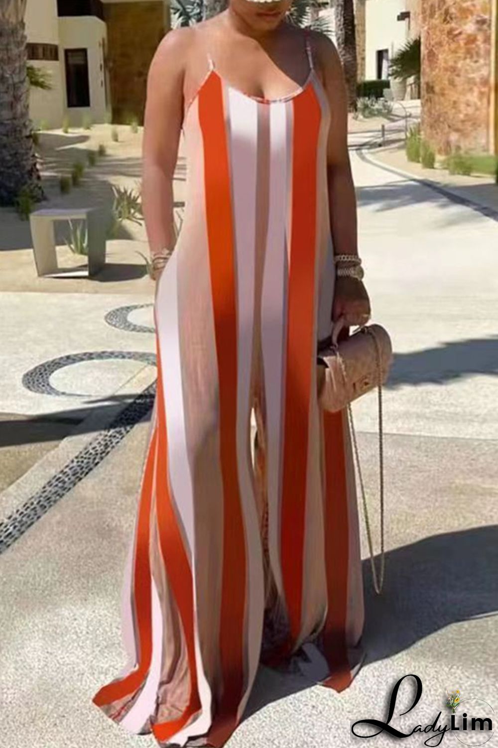 Red Fashion Casual Striped Print Backless Spaghetti Strap Regular Jumpsuits