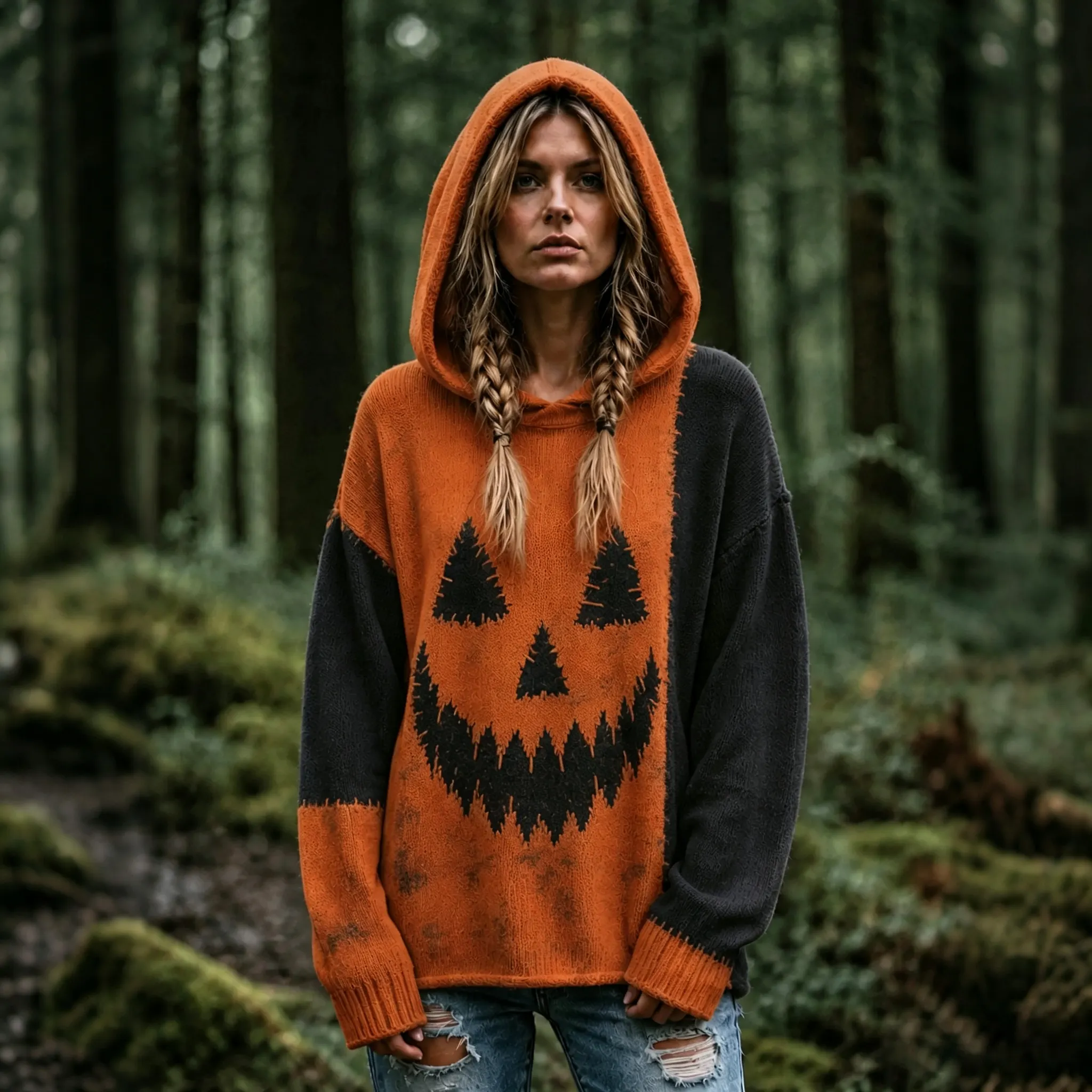 Women's Vintage Halloween Spooky Face Contrast Stitched Print Cozy Art Knit Hooded Sweater artswardrobe