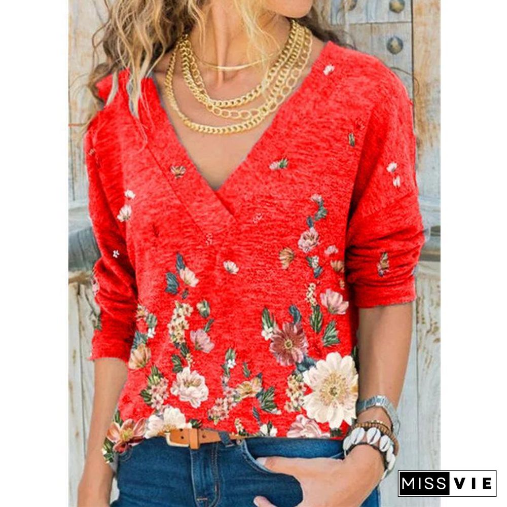 V-Neck Flower Printed Long-Sleeved Shirt