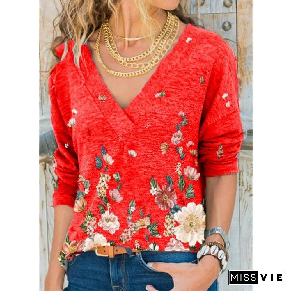 V-Neck Flower Printed Long-Sleeved Shirt