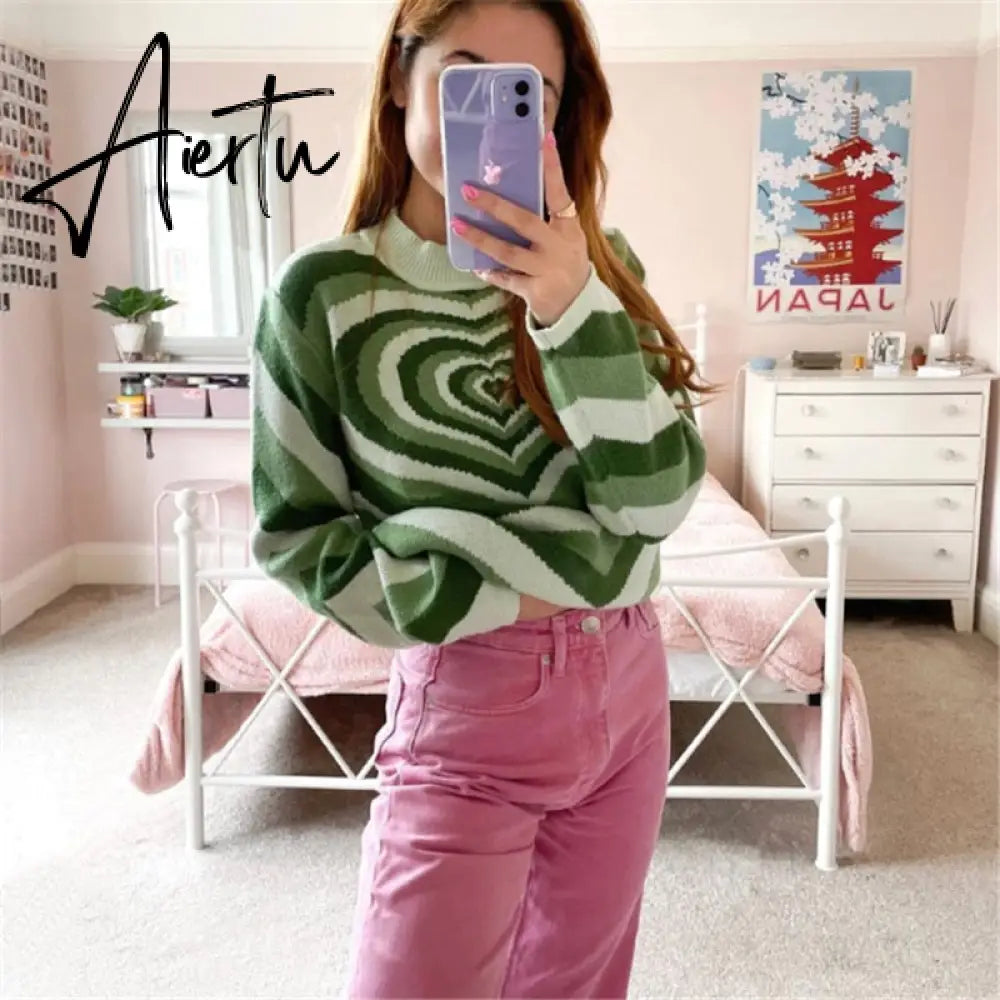 Y2K Sweater Turtleneck Aesthetics Heart Printed Casual Colorful Soft Knitted Turtleneck Pullovers Long Sleeve Knitwear Crop Tops Aiertu