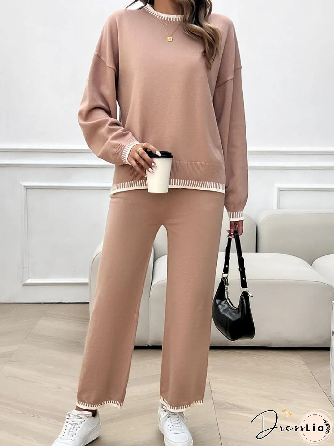 Round Neck Dropped Shoulder Top and Pants Sweater Set