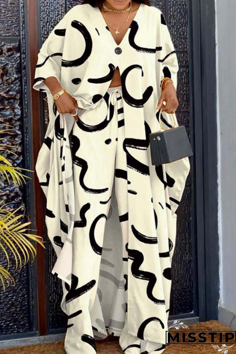 Orange Casual Print Patchwork V Neck Long Sleeve Two Pieces