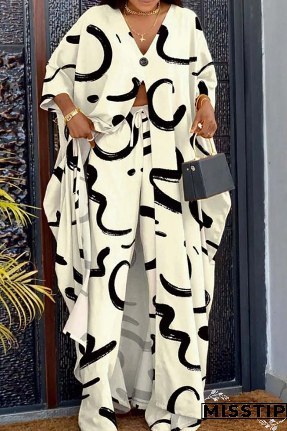 Orange Casual Print Patchwork V Neck Long Sleeve Two Pieces