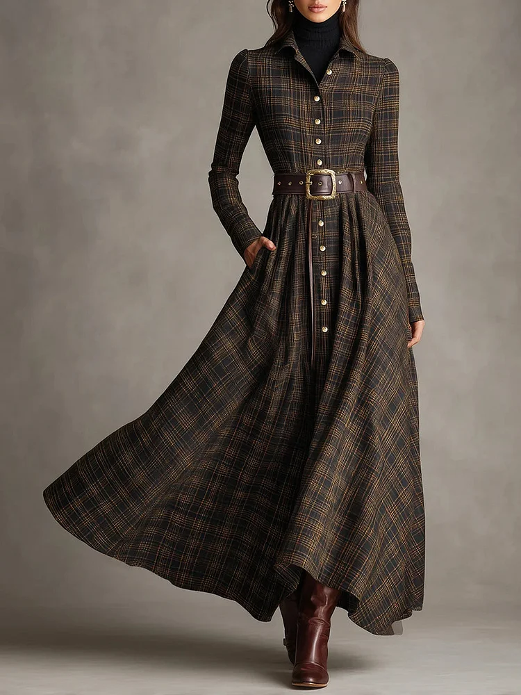 Brown and Black Plaid Lapel Single-Breasted Shirt Long Dress