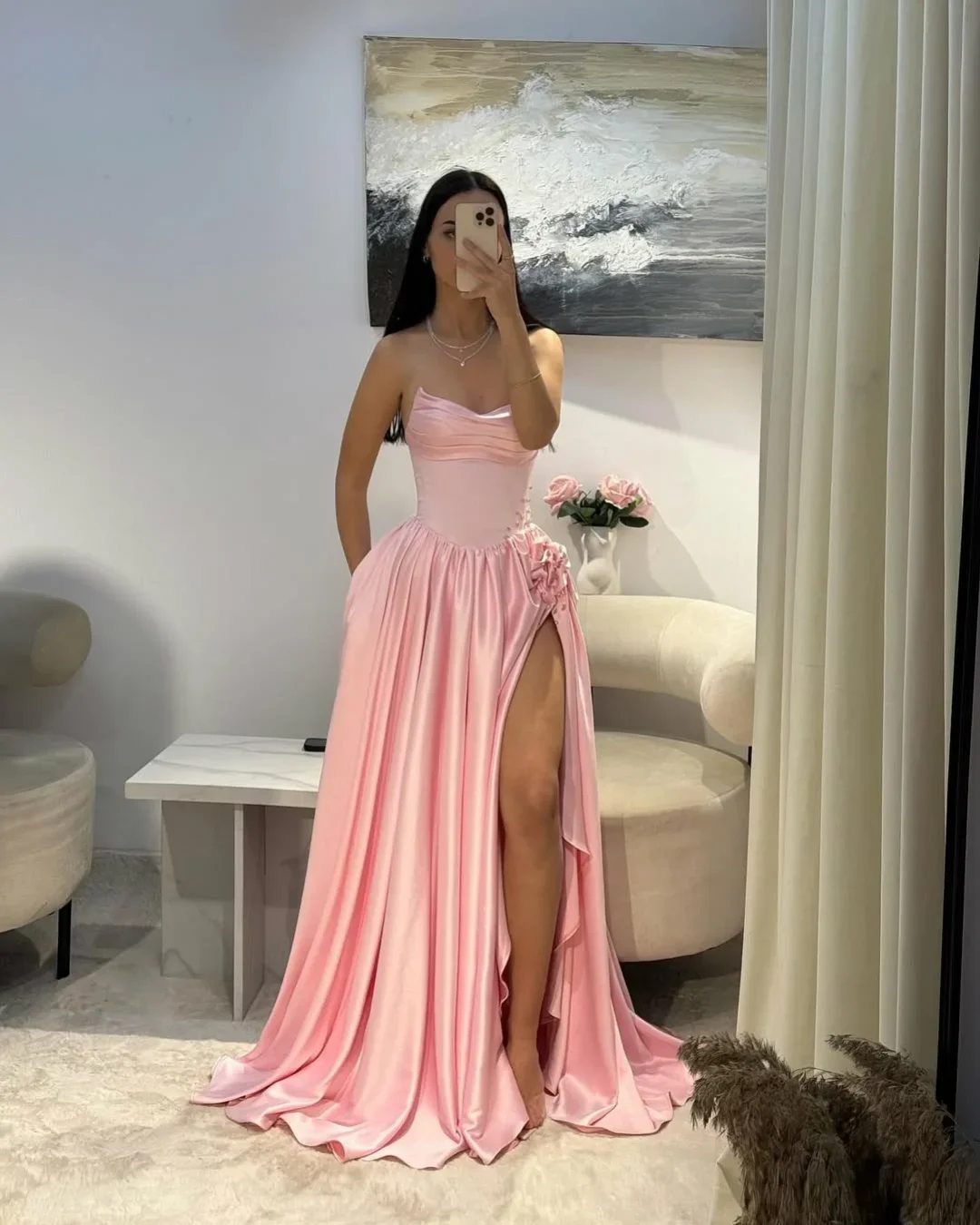 Luxurious Pink Split Peated Rhinestone Semi-Sweetheart Prom Dress With Pocket YK0247