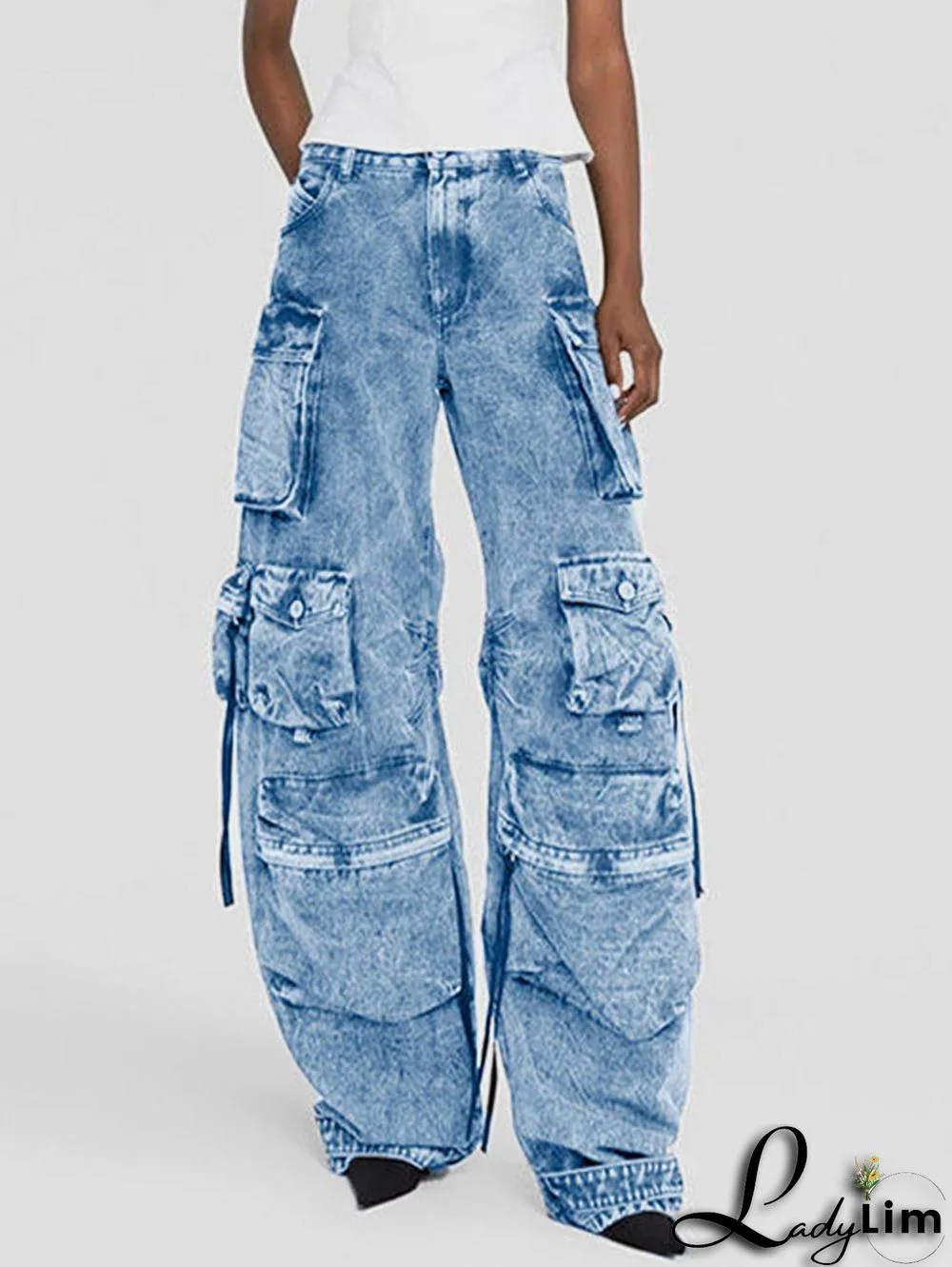 Casual Denim Cargo Pockets Design Wide Leg Jeans