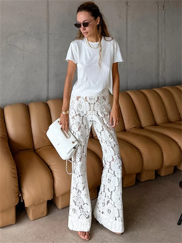 Tossy White Printed High Waist Straight Legg Women Patchwork Hollow Out Lace Pants Summer Fashion