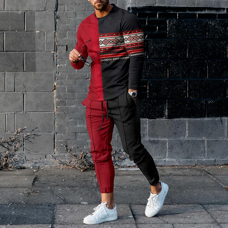 Fashion Stitching Red And Black Ethnic Print T-Shirt And Pants Co-Ord