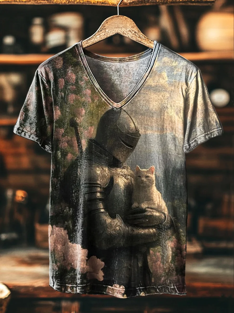 Vintage Knight and Cat Print Casual V-Neck T-Shirt