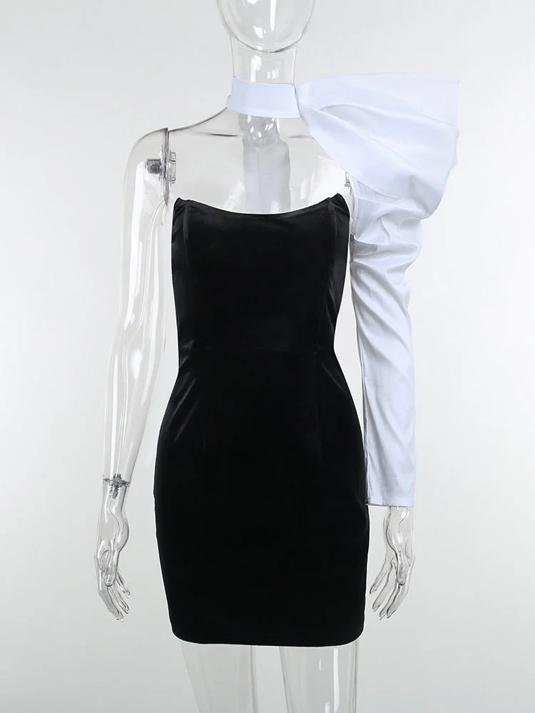 WannaThis Party Mini Dress Elegant Bandage One Shoulder Lantern Sleeve Patchwork Backless Sexy Night Bodycon Clubwear Dress 2021