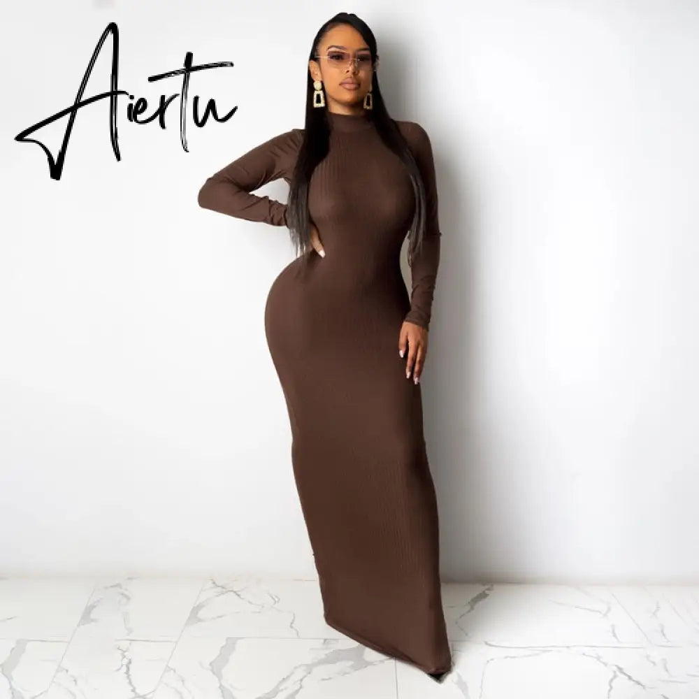 Aiertu  Long Sleeve Solid Backless Skinny  Ribbed Maxi Dress Autumn Winter Women Fashion Sexy Party Club Outfits Aiertu