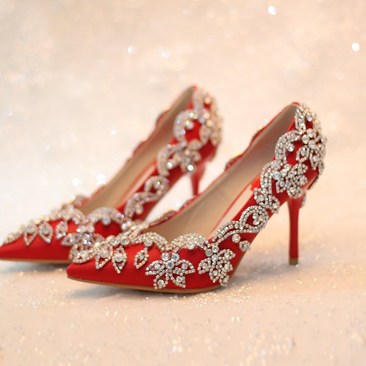 Women's Red Rhinestone Stiletto Heels  Pumps Wedding shoes |FSJ Shoes