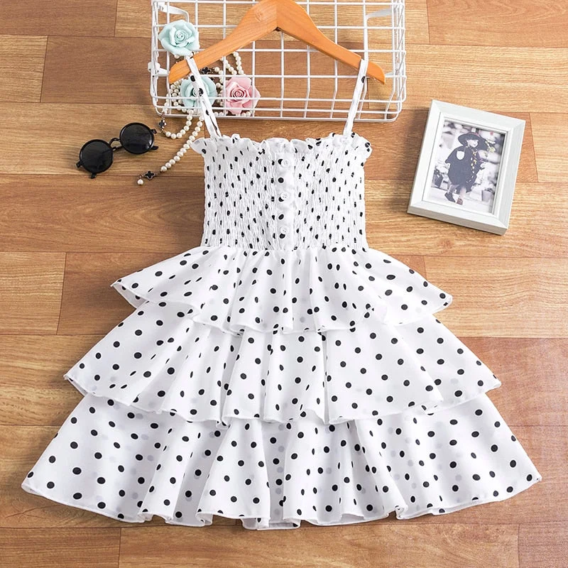 Summer Fancy Pretty Girl Colorful Dots Dress Birthday Party Princess Dress Lace Ball Gown Elegant Dress Casual Dress Size 3-8T