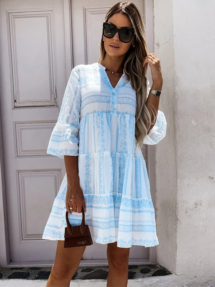 Summer Women's Stripe Print Ruffle Dress