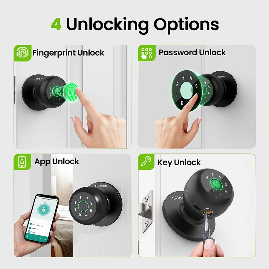 4 in 1 Smart Fingerprint Door Knob with Keypad Smart Door Lock, Biometric Door Knobs & App Control, Keyless Entry Door Lock Great for Home, Bedroom, Apartment Offices and Garages Black K10PRO