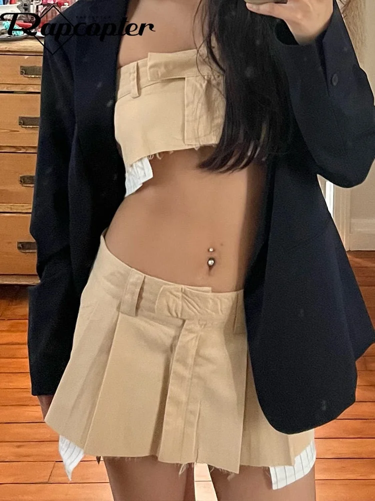 Rapcopter y2k Khaki Pleated Skirts Low Waisted Retro Pockets Button Mini Skirts Prepply Retro Super Short Cargo Skirts Korean