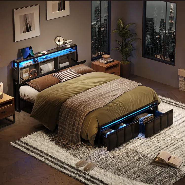 Bestier  BedFrame With 2 Storage Drawers And LED Light, PU Leather Headboard And Charging Station , Black