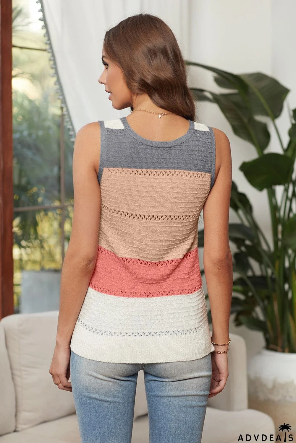 Summer Multicolor Color Block Round Neck Knitted Tank Top
