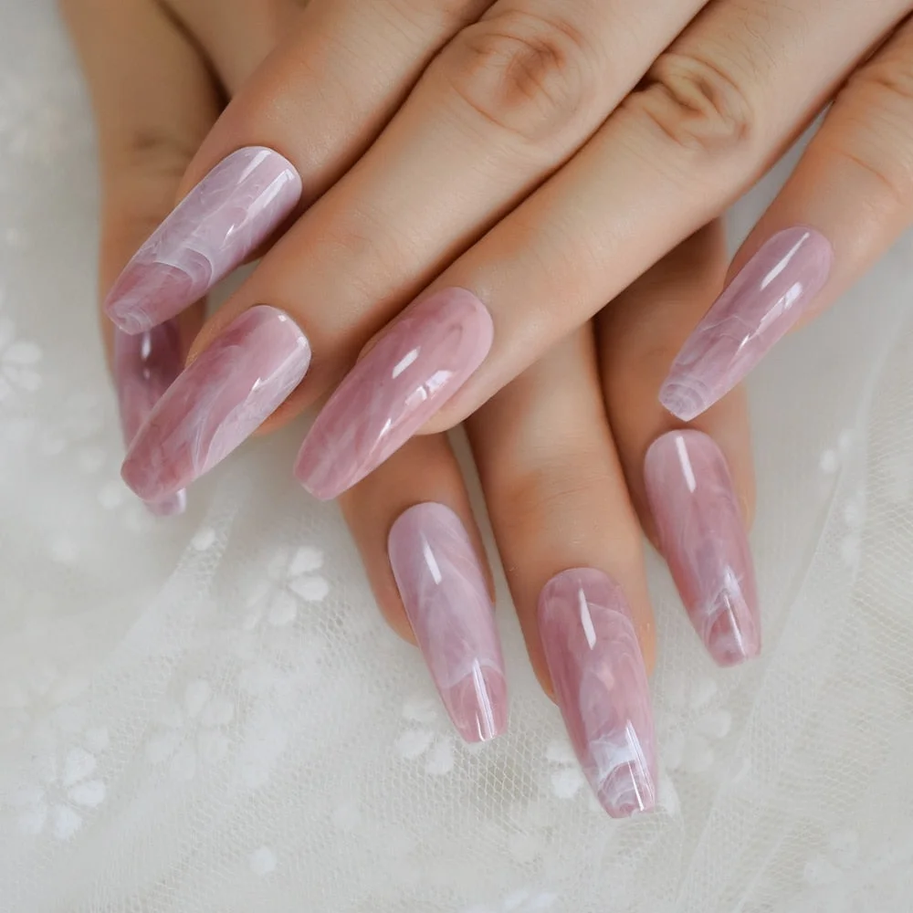 Nude Extra Long Fake Nails Coffin Full Cover Glossy False Nail Long Ballerina Nails with Glue Sticker-Nail Inspo