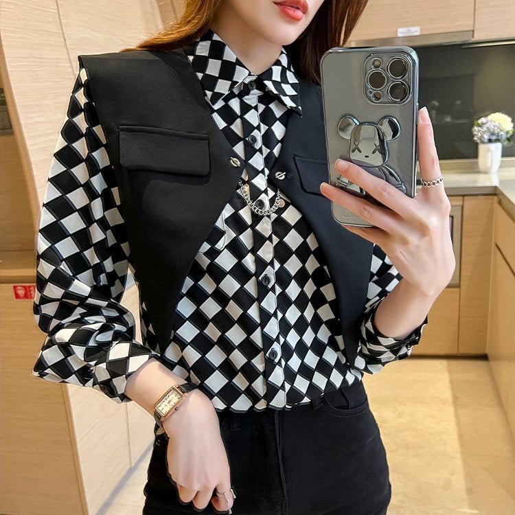 Black White Checkered/plaid Long Sleeve Shirts & Tops