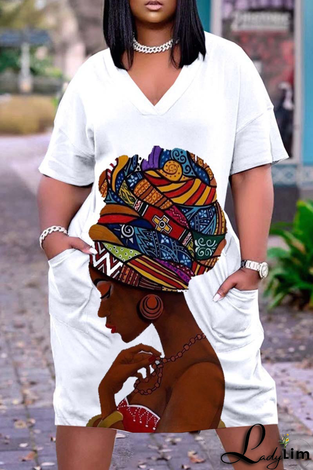 Black White Casual Print Split Joint V Neck Straight Dresses