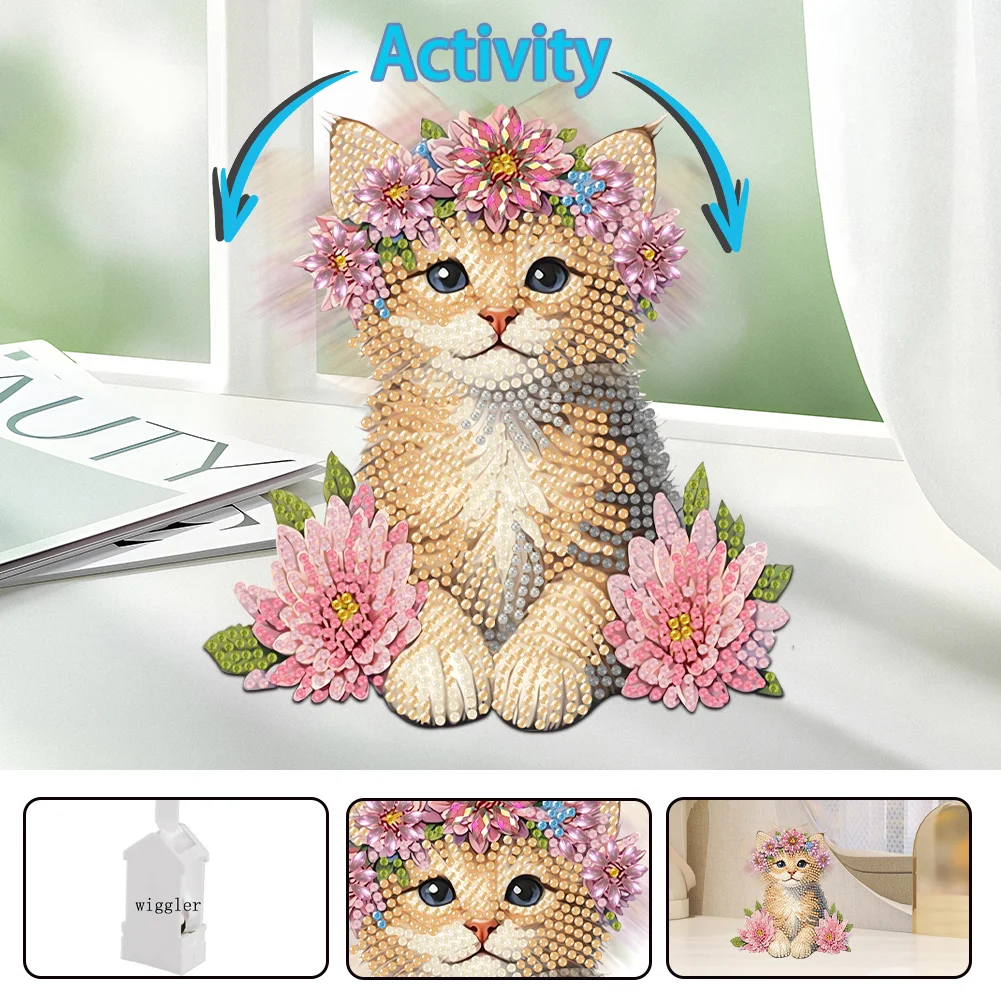 2D Flat Cat DIY Shaking Head Cat Pink Flower Diamond Painting Desktop Decoration