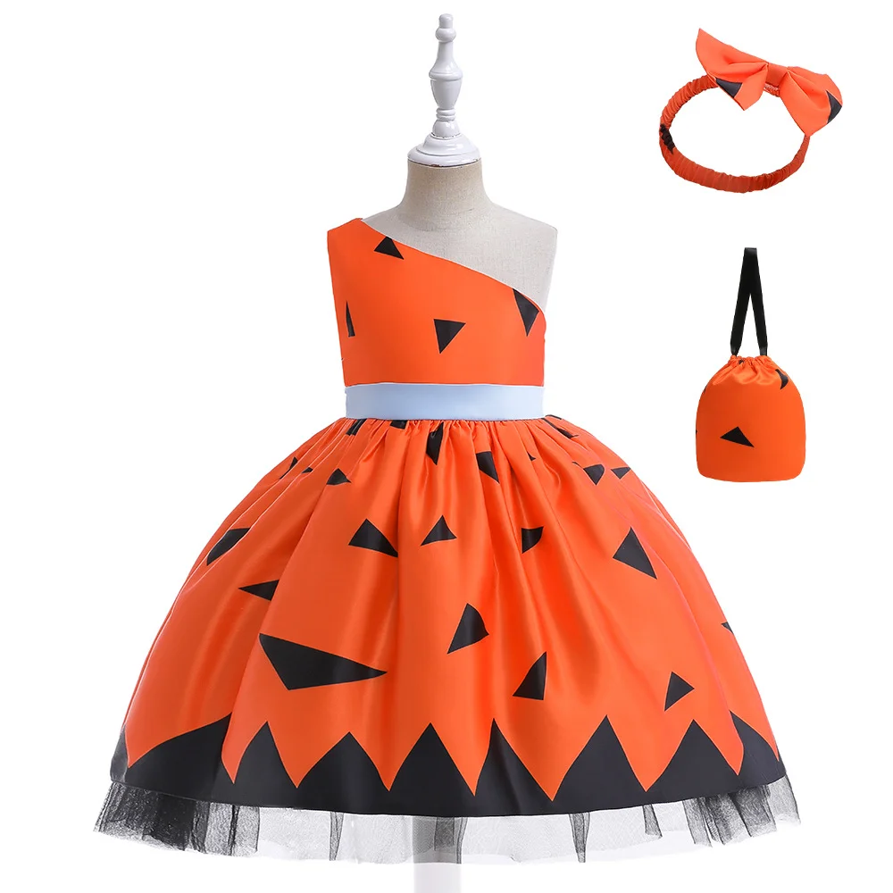  Kids Halloween Costume One Shoulder Orange Swing Party Dress Novameme