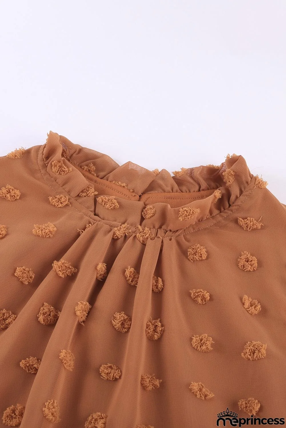 Brown Short Ruffled Sleeve Swiss Dot Blouse