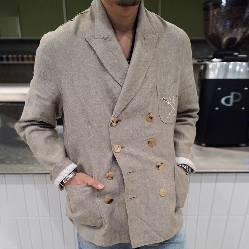 Men's Natural Cotton And Linen Light Khaki Double Row Blazer