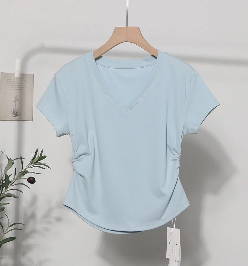 Uveng Recommended For The Summer V-Neck Front Shoulder Short-Sleeved T-Shirt For Girls Slimming Hottie Drawstring Irregular Top 2899