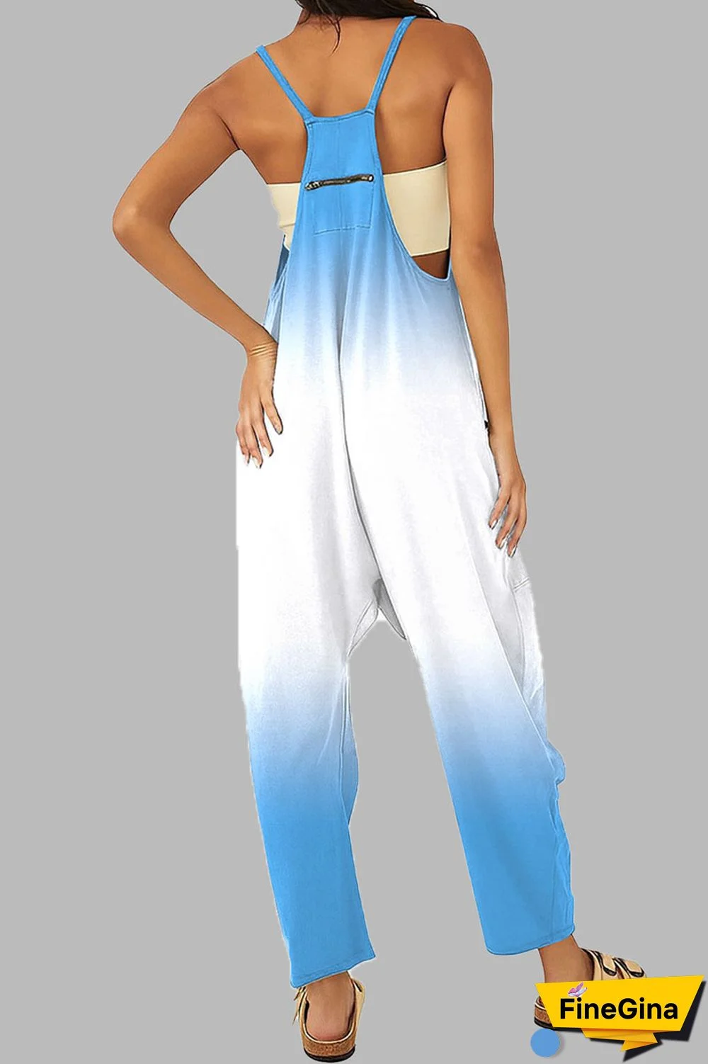 Black khaki Casual Gradual Change Print Patchwork Pocket Zipper Spaghetti Strap Loose Jumpsuits