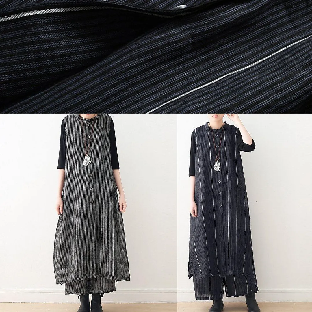 Spring cotton and linen art fresh gray striped two-piece suit cardigan wide leg pants
