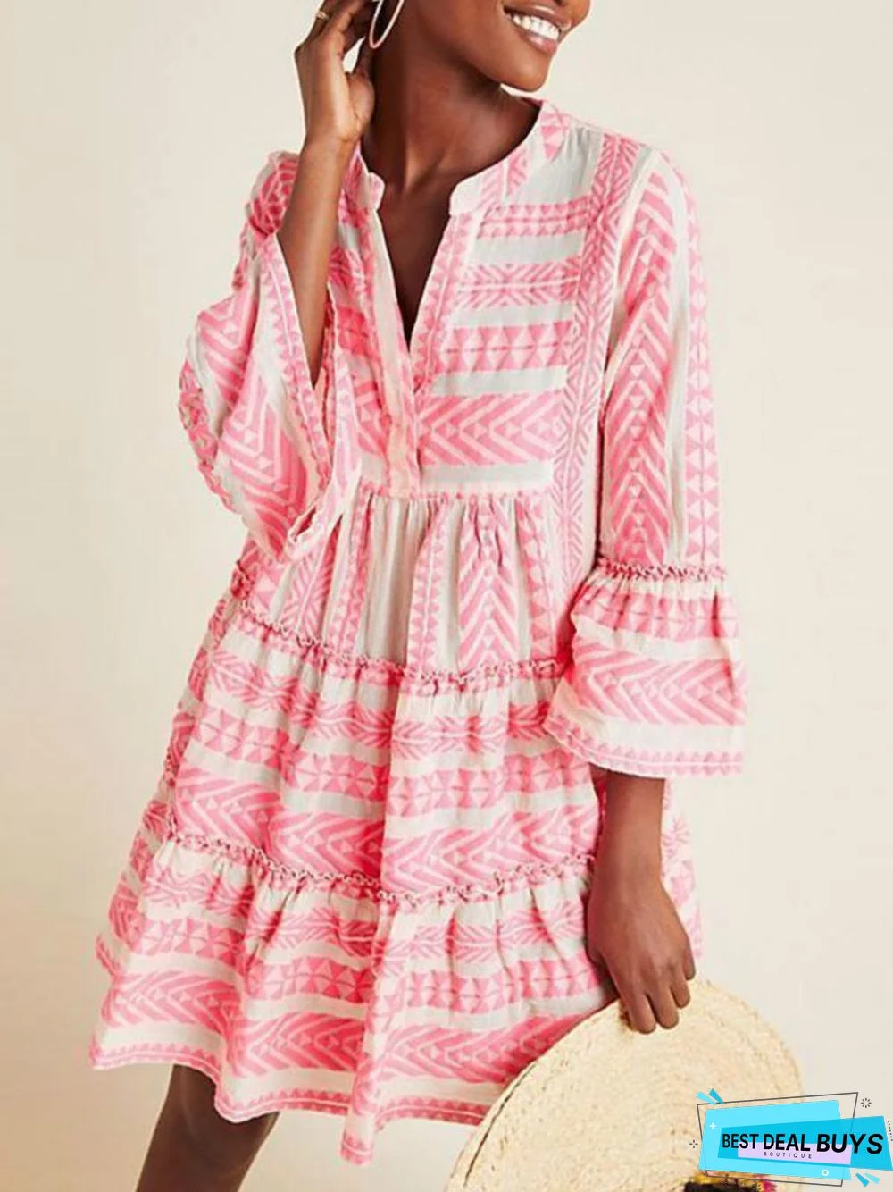 Pink Long Sleeve Cotton Weaving Dress