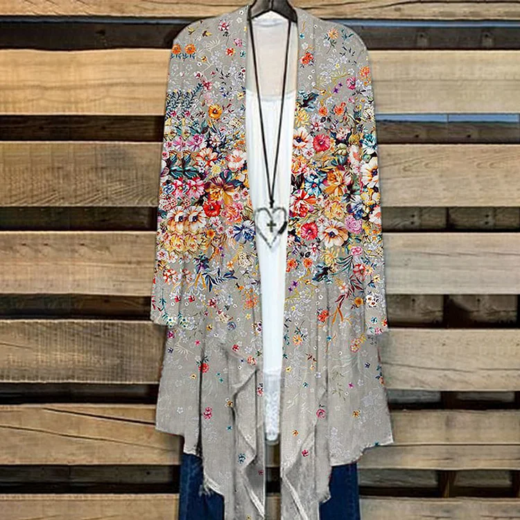 VChics Casual Loose Long Sleeved Flower Print Kimono