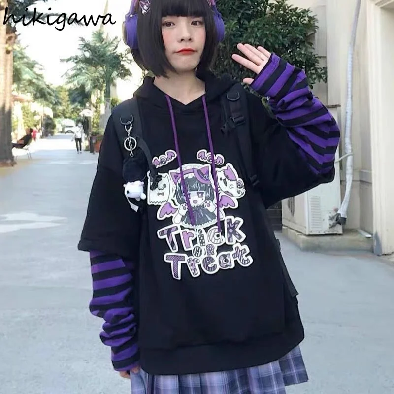Woherb Hoodie Fake Two Piece Hooded Sweatshirt Striped Patchwork Hoodies Women Clothes for Teens Y2K Anime Harajuku Black Tops