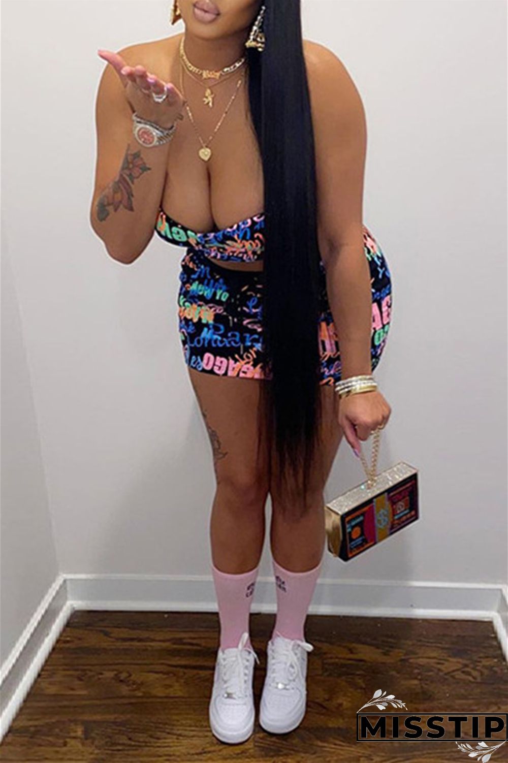 Peacock Blue Fashion Sexy Print Backless Strapless Sleeveless Two Pieces