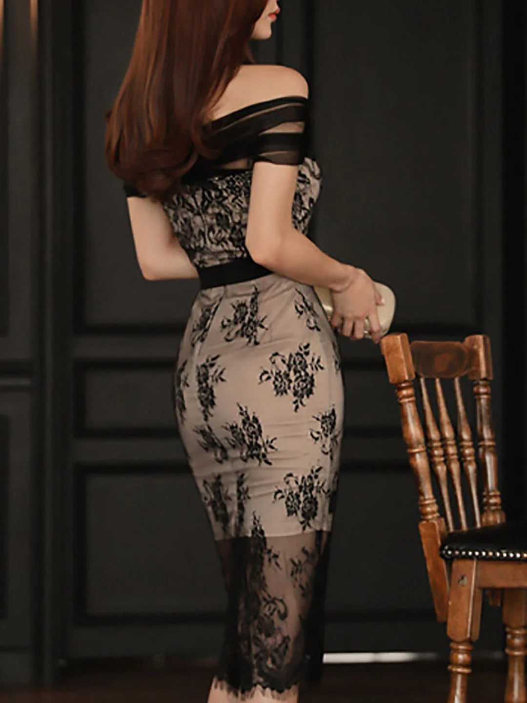 Off Shoulder Black Bodycon Party Guipure lace Floral Midi Dress