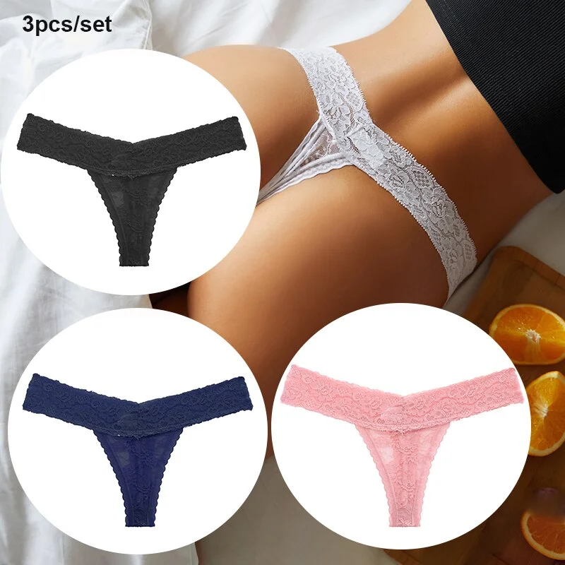 FINETOO 3PCS/Set Women Lace Sexy G-string Perspective Lingerie Temptation Panties Thong Underwear Panty Female Intimates M-XL