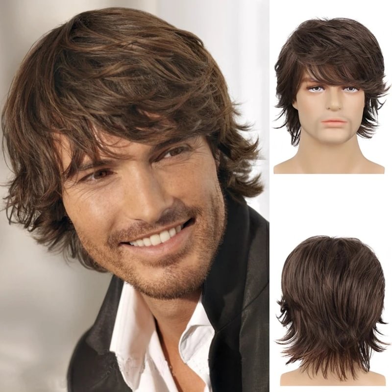 Men's Fashion Short Hair Upturned Brown Wig Fluffy Partial Long Bangs Wig
