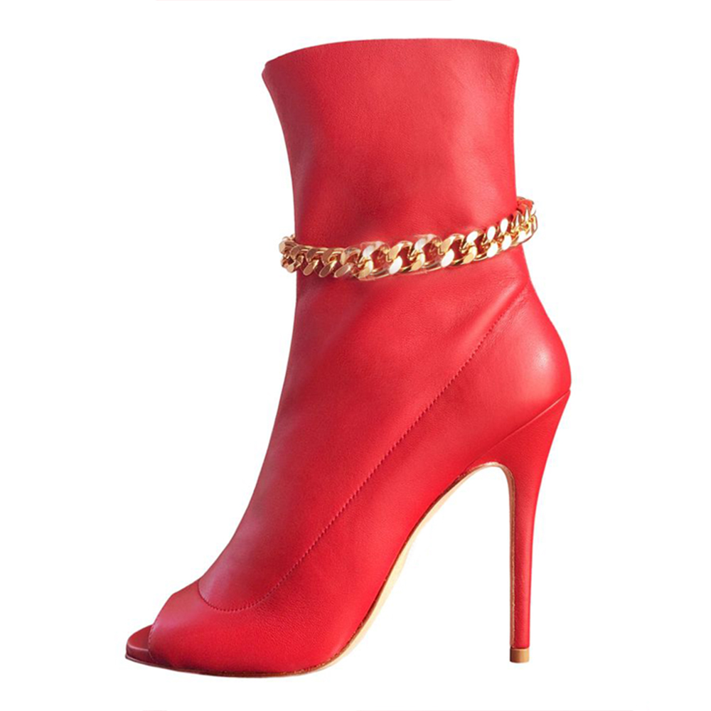 Trendy Red Peep-Toe Gold Chain Decorated High Heel Booties for Women Nicepairs