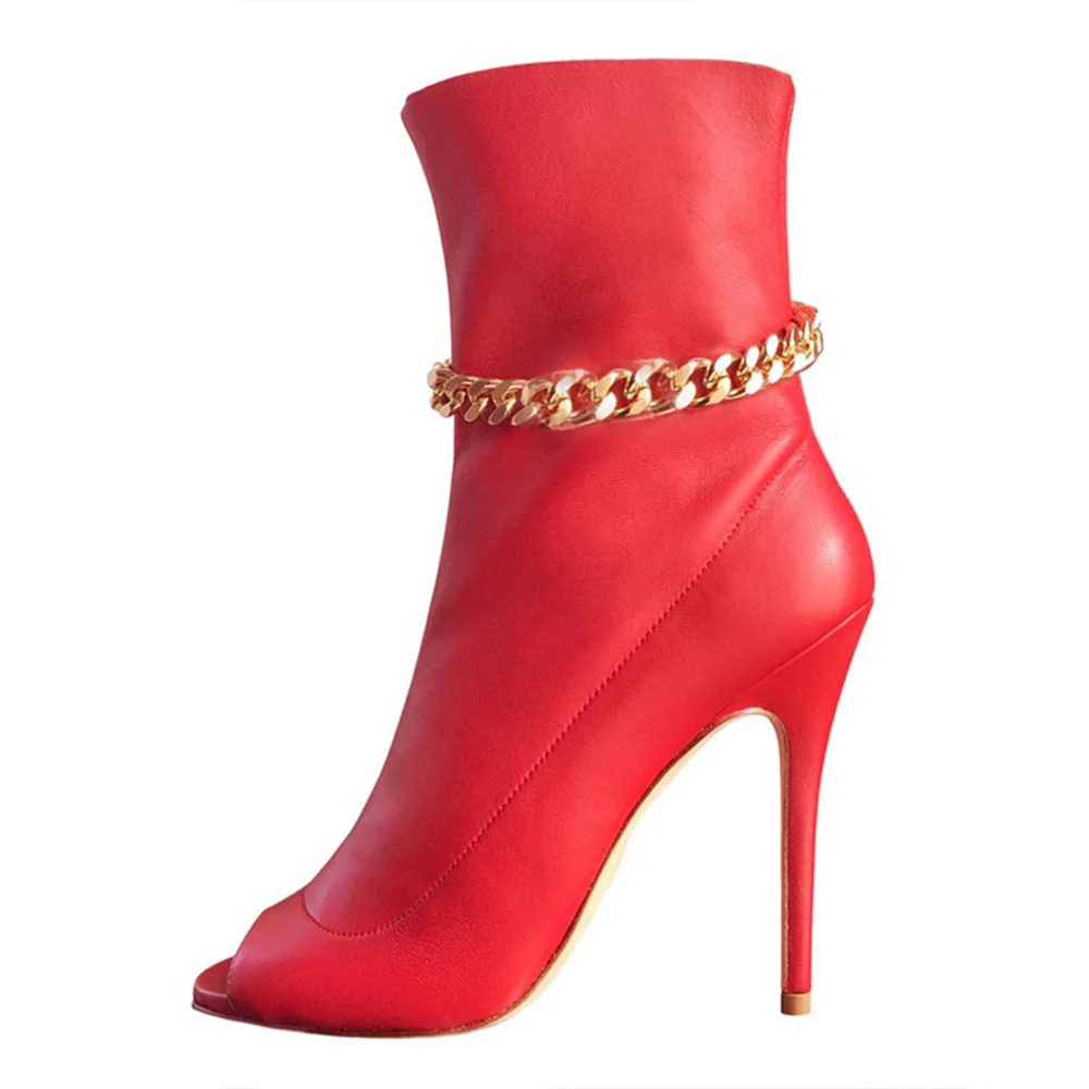 Red Open Toe Chain Decor Ankle Boots Nicepairs