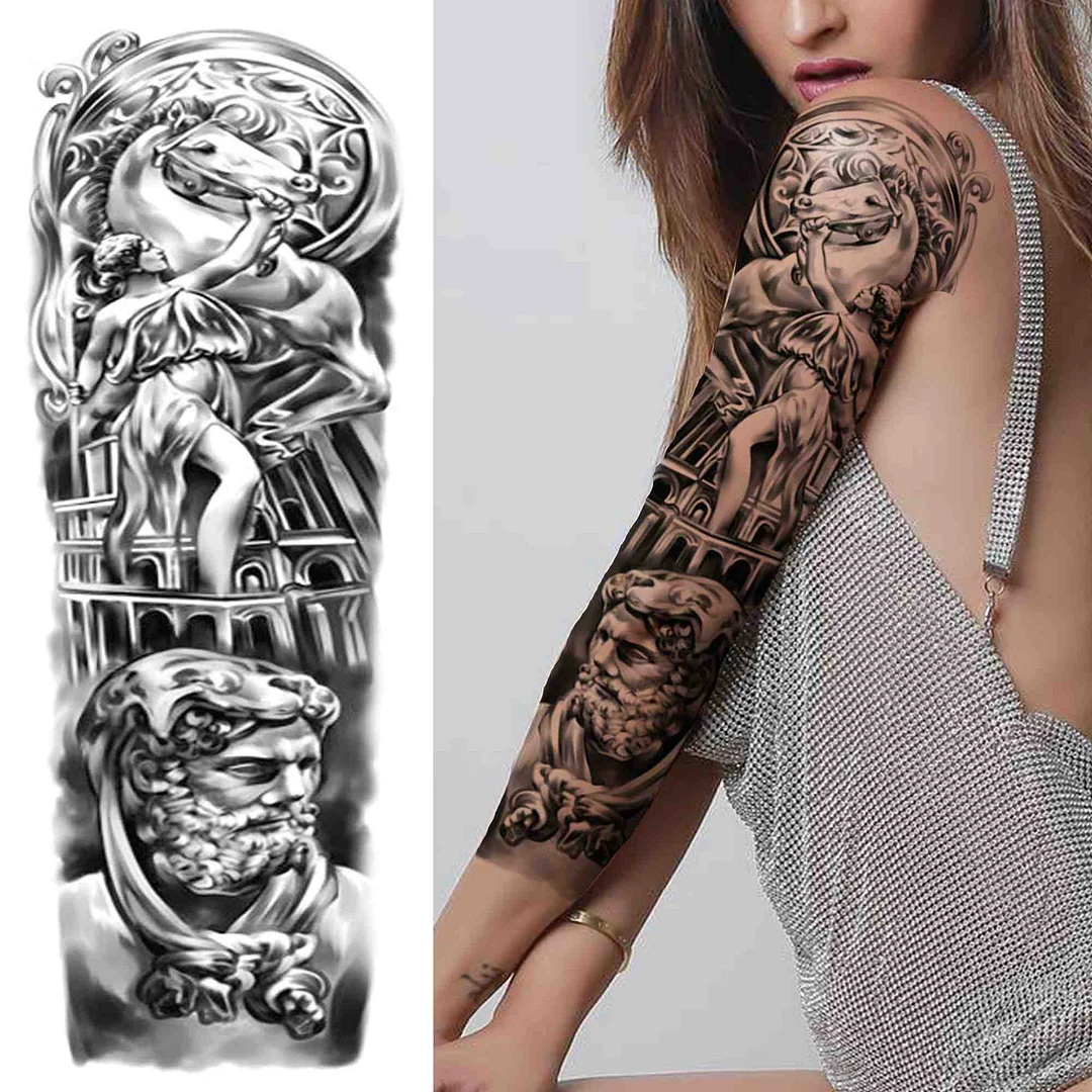 Sexy Girl Flower Temporary Tattoos For Women Men Black Lion Triangle Tattoo Sticker Fake Tribal Full Arm Sleeve Tatoos Paste 923