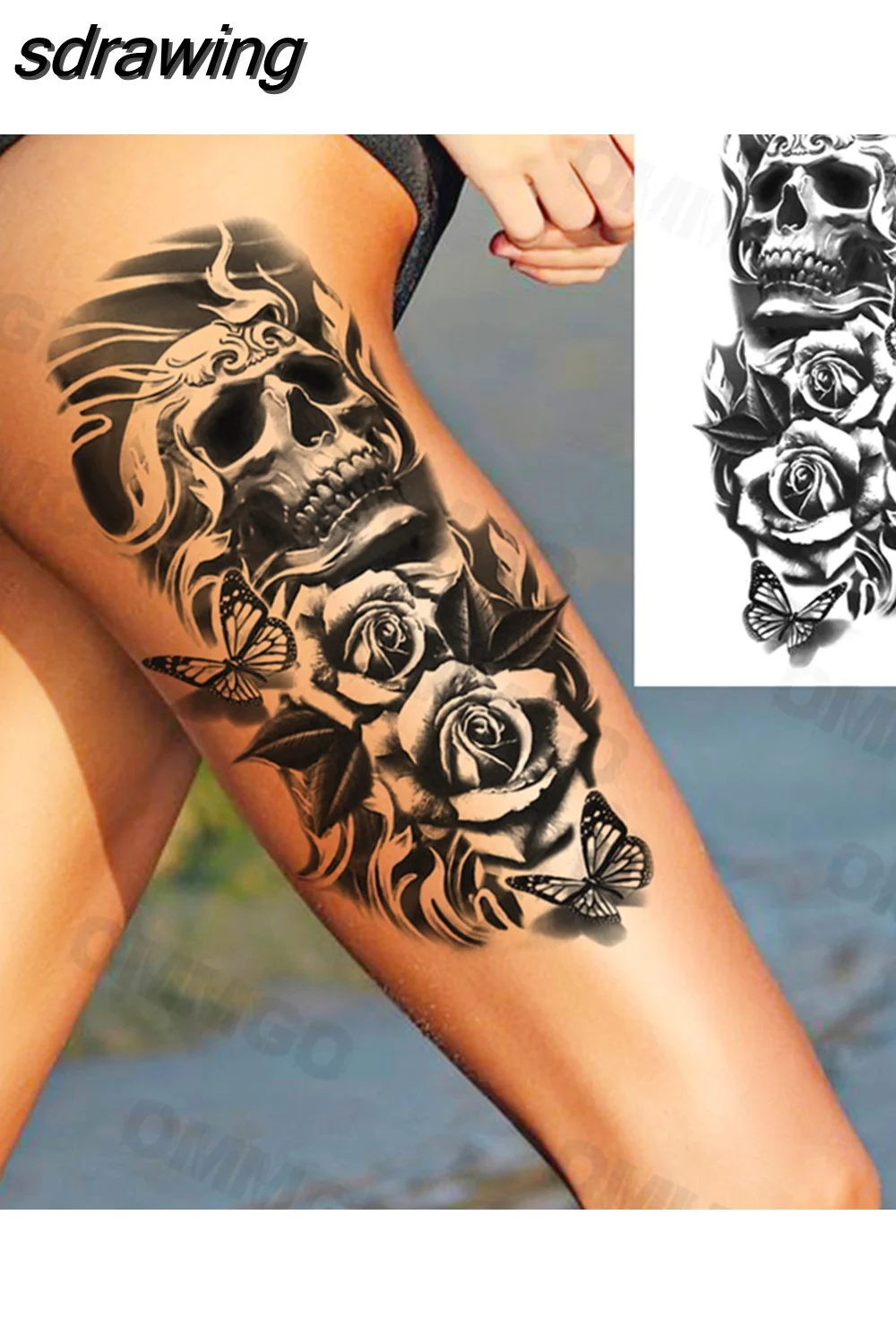 sdrawing Lion Rose Flower Temporary Tattoos For Women Adult Girl Compass Skull Fake Tattoo Arm Thigh Body Art Waterproof Tatoos