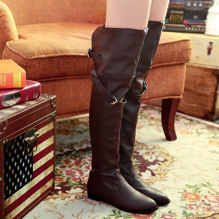 Women's retro buckle strap thigh high boots