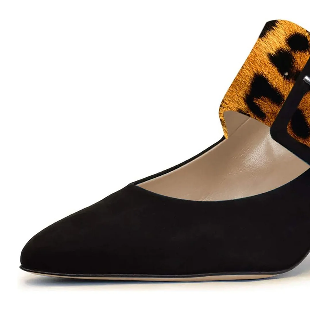 Faux Suede Pointed Toe Buckle Leopard Strap Heel Pumps in Black