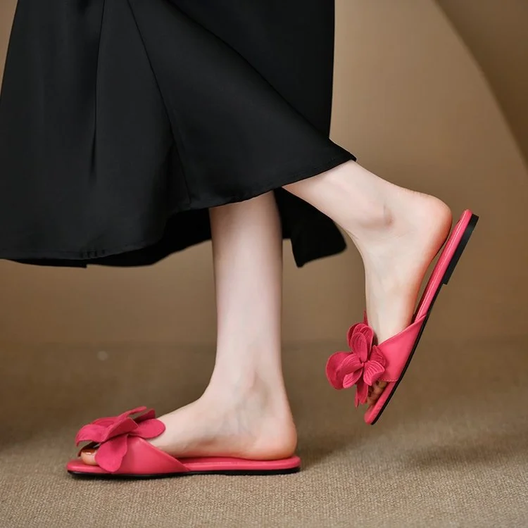 Yyvonne Summer New Leisure Flat Head Slippers Women Fashion Toe Red Half Slippers Beach Shoes