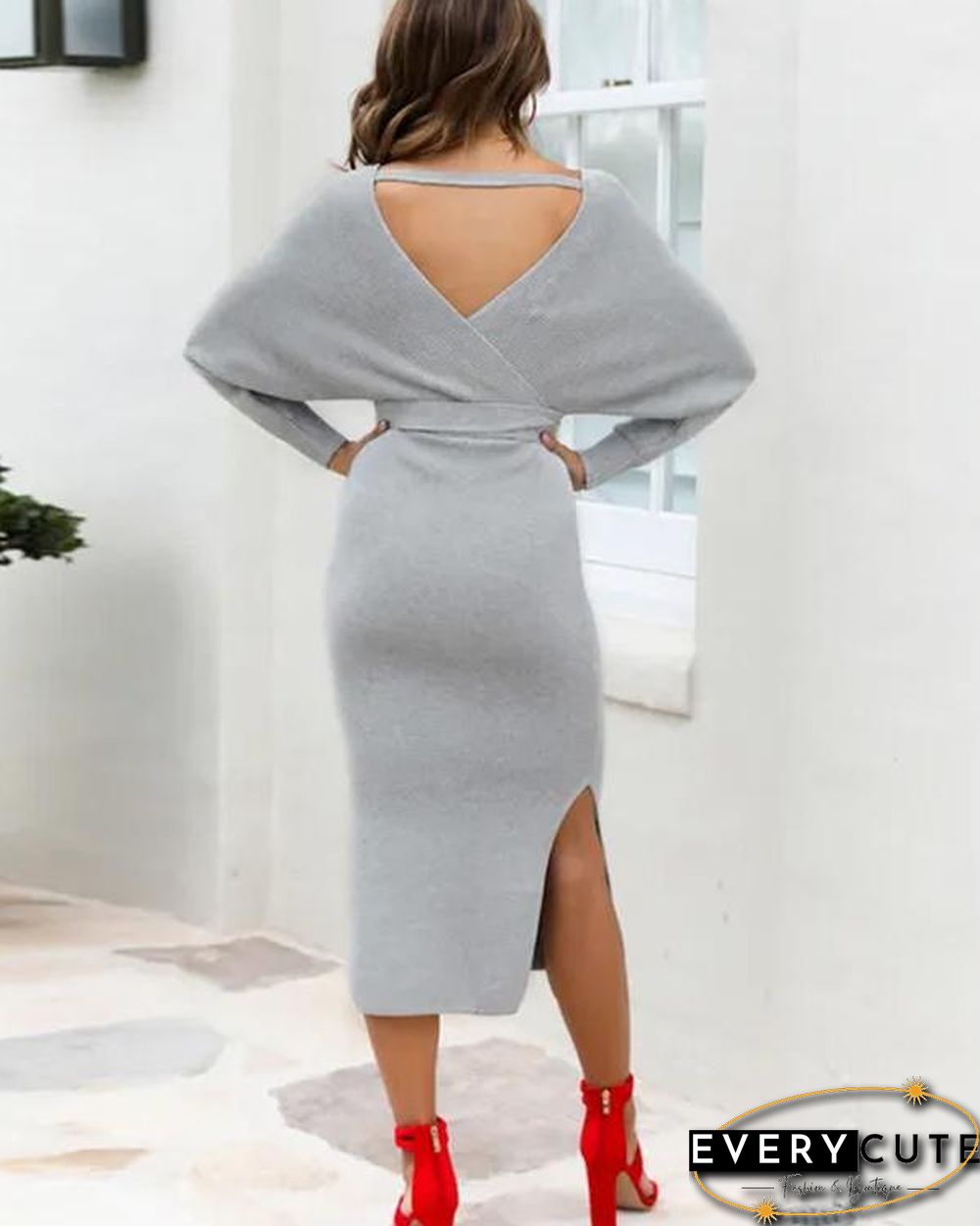 Knitting V Neck Split Sweater Dress